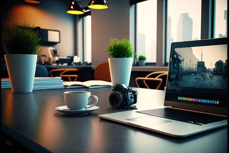 A modern office space with a laptop and a cup of coffee, representing the idea of productivity and efficiency in home business. Generative AIの素材