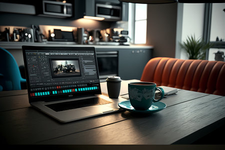 A modern office space with a laptop and a cup of coffee, representing the idea of productivity and efficiency in home business. Generative AIの素材
