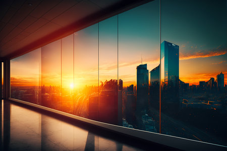 Big city view with glowing sun or sunset on cloudy sky background skyline cityscape, view through window of luxury office high tower for business background concept. Generative AIの素材