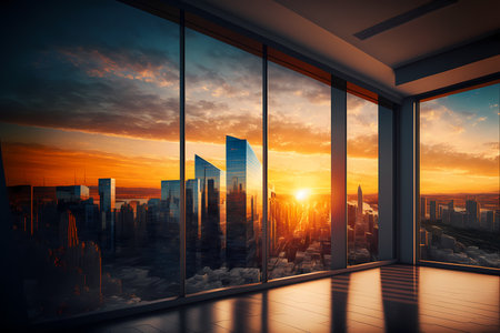 Big city view with glowing sun or sunset on cloudy sky background skyline cityscape, view through window of luxury office high tower for business background concept. Generative AIの素材