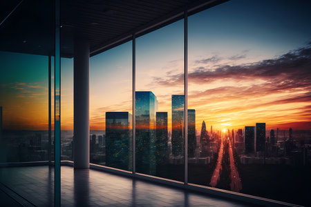 Big city view with glowing sun or sunset on cloudy sky background skyline cityscape, view through window of luxury office high tower for business background concept. Generative AIの素材