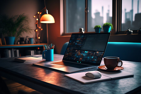 A modern office space with a laptop and a cup of coffee, representing the idea of productivity and efficiency in home business. Generative AIの素材