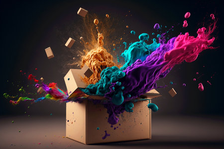 Creative concept of out of the box thinking. Cardboard box package surprise idea with colorful splash ink. Generative AI.の素材