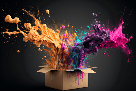 Creative concept of out of the box thinking. Cardboard box package surprise idea with colorful splash ink. Generative AI.の素材