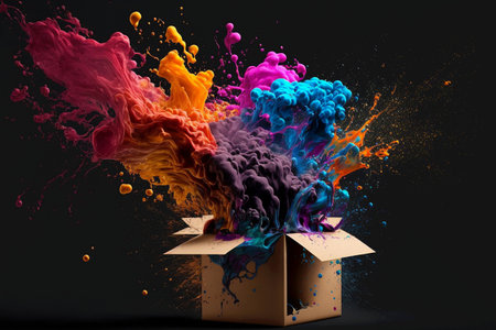 Creative concept of out of the box thinking. Cardboard box package surprise idea with colorful splash ink. Generative AI.の素材