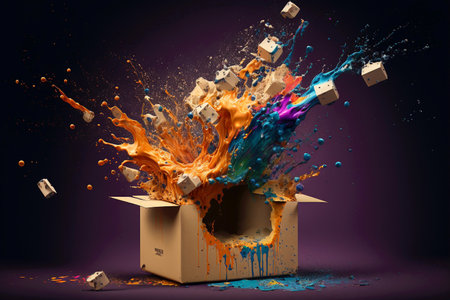 Creative concept of out of the box thinking. Cardboard box package surprise idea with colorful splash ink. Generative AI.の素材