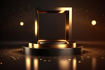 Product display presentation on luxury gold empty podium stand with shiny particles glamor to showcase stage advertising for cosmetics and beauty as blank pedestal Generative AIの素材