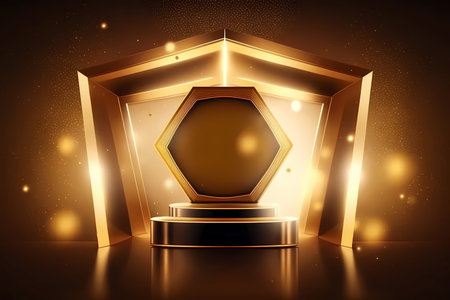 Product display presentation on luxury gold empty podium stand with shiny particles glamor to showcase stage advertising for cosmetics and beauty as blank pedestal Generative AIの素材