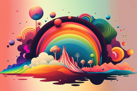 Hippie 60s 70s graphic design. Over the rainbow hippie vibes as retro stylish rainbow, clouds, wavy psychedelic doodle color background. Vintage happy abstract. Generative AIの素材