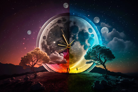 Day and night time change concept. Moon cycle 24 Hours. from morning till dawn, Time clock over rainbow moon to sun cycle. Circle of life or season fantasy surreal. Generative AI.の素材