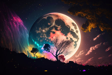 Magical night background with full moon and beautiful rainbow at starry night. Fairytale night astronomy starry night landscape. Dreamy fantasy tree and luna moon. Generative AIの素材