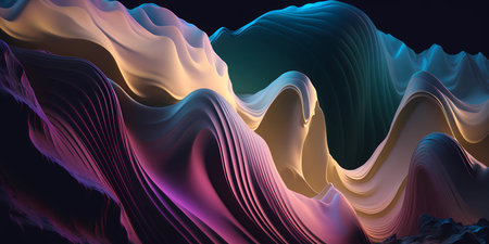 Surreal wavy wave background design with soft color. Abstract wave fluid fractals with organic trendy modern gradient composition. Groovy vibrant sea waves lines. Generative ai.の素材