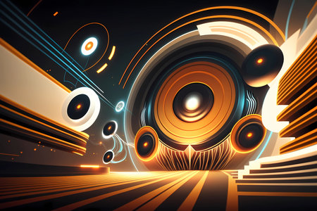 Futuristic music abstract visual background. Trendy artistic beat speakers with splash particles visualization. Vibrant musical audio soundwaves. Nightlife EDM scene. Generative AIの素材