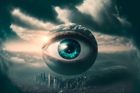 Big brother eye watching concept. Global surveillance as digital identity technology over city skyline.1984 New world order urbanization population monitoring vision. Generative aiの素材