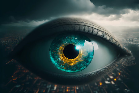Big brother eye watching concept. Global surveillance as digital identity technology over city skyline.1984 New world order urbanization population monitoring vision. Generative aiの素材