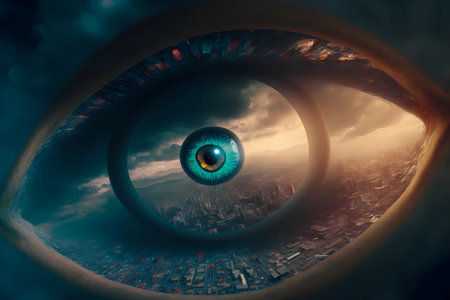Big brother eye watching concept. Global surveillance as digital identity technology over city skyline.1984 New world order urbanization population monitoring vision. Generative aiの素材