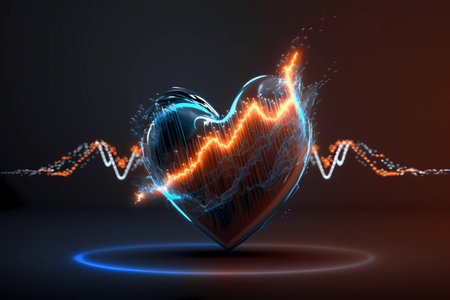 Heartbeat or Heart attack pulse visualization. 3D healthcare medical background. Cardiogram and Myocarditis signal diagnosis design. Chest impulse signal ECG or EKG. Generative AIの素材