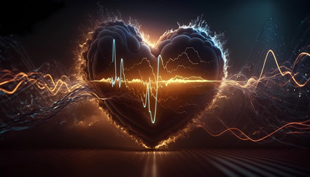 Heartbeat or Heart attack pulse visualization. 3D healthcare medical background. Cardiogram and Myocarditis signal diagnosis design. Chest impulse signal ECG or EKG. Generative AIの素材