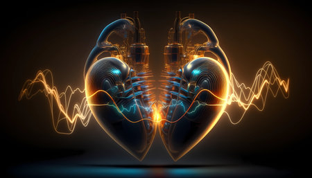 Heartbeat or Heart attack pulse visualization. 3D healthcare medical background. Cardiogram and Myocarditis signal diagnosis design. Chest impulse signal ECG or EKG. Generative AIの素材