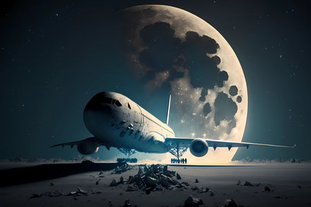 Airliner passenger voyage land on the moon or mars. Airplane or aircraft space travel as transportation, aviation. Life on outer space concept. Big magical moonlight. Generative AIの素材