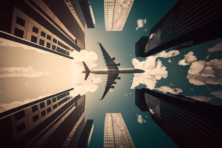 Plane passes over modern buildings in the center of frame. Airplane flying into the crossair of high rise glass reflection buildings, offices at metropoline downtown. Generative AIの素材
