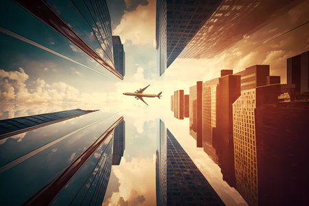 Plane passes over modern buildings in the center of frame. Airplane flying into the crossair of high rise glass reflection buildings, offices at metropoline downtown. Generative AIの素材