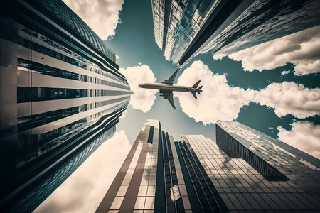 Plane passes over modern buildings in the center of frame. Airplane flying into the crossair of high rise glass reflection buildings, offices at metropoline downtown. Generative AIの素材