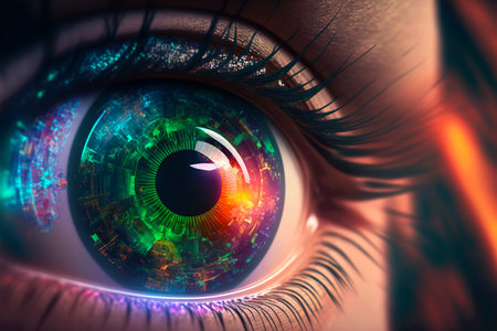 Security access technology as eye scan viewing digital information. Human iris eye scanning for personality identification. Cyber security identity verification. Generative AI.の素材