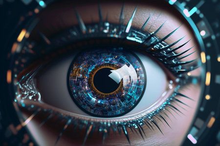 Security access technology as eye scan viewing digital information. Human iris eye scanning for personality identification. Cyber security identity verification. Generative AI.の素材