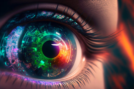 Security access technology as eye scan viewing digital information. Human iris eye scanning for personality identification. Cyber security identity verification. Generative AI.の素材