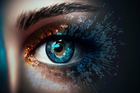 Security access technology as eye scan viewing digital information. Human iris eye scanning for personality identification. Cyber security identity verification. Generative AI.の素材