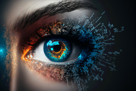 Security access technology as eye scan viewing digital information. Human iris eye scanning for personality identification. Cyber security identity verification. Generative AI.の素材