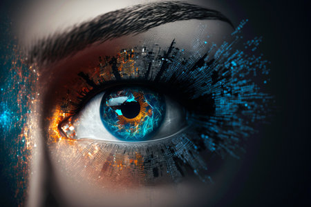 Security access technology as eye scan viewing digital information. Human iris eye scanning for personality identification. Cyber security identity verification. Generative AI.の素材