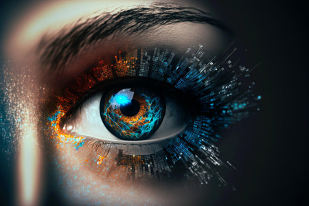 Security access technology as eye scan viewing digital information. Human iris eye scanning for personality identification. Cyber security identity verification. Generative AI.の素材