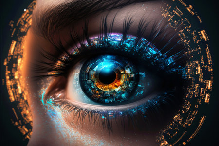 Security access technology as eye scan viewing digital information. Human iris eye scanning for personality identification. Cyber security identity verification. Generative AI.の素材
