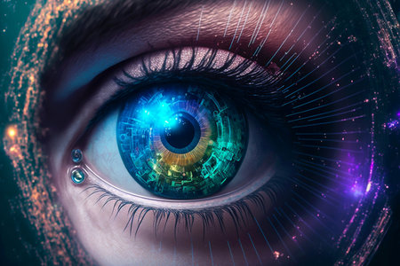 Security access technology as eye scan viewing digital information. Human iris eye scanning for personality identification. Cyber security identity verification. Generative AI.の素材