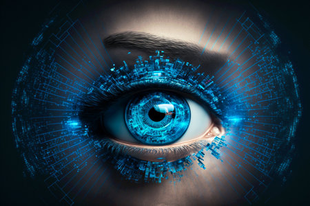 Security access technology as eye scan viewing digital information. Human iris eye scanning for personality identification. Cyber security identity verification. Generative AI.の素材