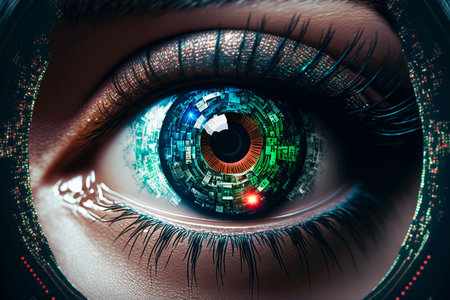 Security access technology as eye scan viewing digital information. Human iris eye scanning for personality identification. Cyber security identity verification. Generative AI.の素材