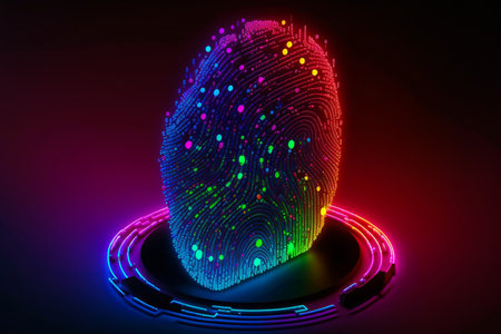 Future security technology as colorful digital fingerprint scanning verification process. Multicolor fingerprint scan for security access and biometrics security. Generative AI.の素材