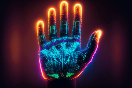 Technology digital future abstract background of cyber security concept. hand palm circuit as glow neon hand scan in futuristic style. safety internet concept. Generative AIの素材