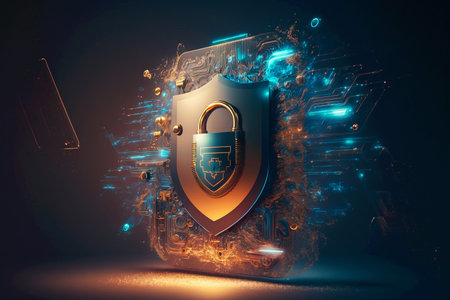 Digital padlock icon, cyber security network and data protection technology on virtual interface screen. Online internet authorized access against cyber attack. Generative AIの素材