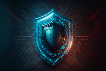 Digital padlock icon, cyber security network and data protection technology on virtual interface screen. Online internet authorized access against cyber attack. Generative AIの素材
