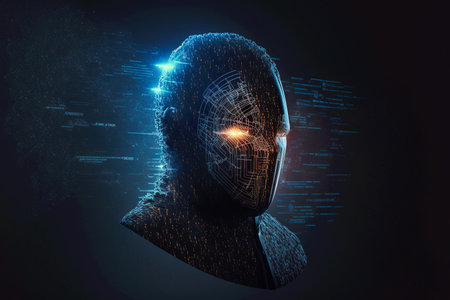 Internet and Data Security Concept. Artificial Intelligence Future Technology. cyber protector as shield warrior. Guard robot protection against digital fraud. Generative Ai.の素材