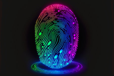 Future security technology as colorful digital fingerprint scanning verification process. Multicolor fingerprint scan for security access and biometrics security. Generative AI.の素材