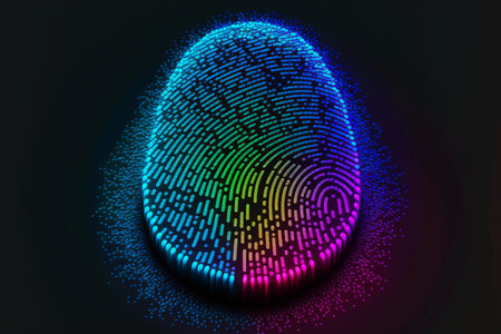 Future security technology as colorful digital fingerprint scanning verification process. Multicolor fingerprint scan for security access and biometrics security. Generative AI.の素材