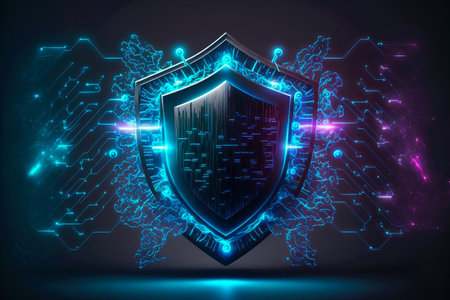 Digital padlock icon, cyber security network and data protection technology on virtual interface screen. Online internet authorized access against cyber attack. Generative AIの素材