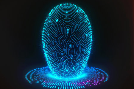 Future security technology as colorful digital fingerprint scanning verification process. innovation technology against digital cyber crime to prevent hacker concept. Generative AIの素材