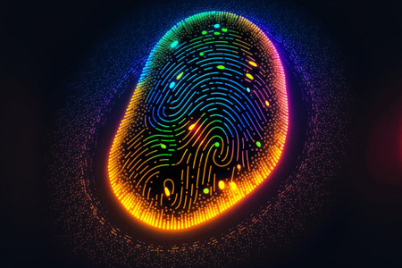 Future security technology as colorful digital fingerprint scanning verification process. Multicolor fingerprint scan for security access and biometrics security. Generative AI.の素材