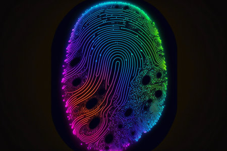 Future security technology as colorful digital fingerprint scanning verification process. innovation technology against digital cyber crime to prevent hacker concept. Generative AIの素材