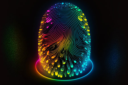 Future security technology as colorful digital fingerprint scanning verification process. Multicolor fingerprint scan for security access and biometrics security. Generative AI.の素材